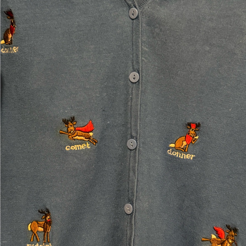 Etoile Bight Blue Reindeer Embroidery Christmas Holiday Cardigan Sweater - Picture 8 of 12